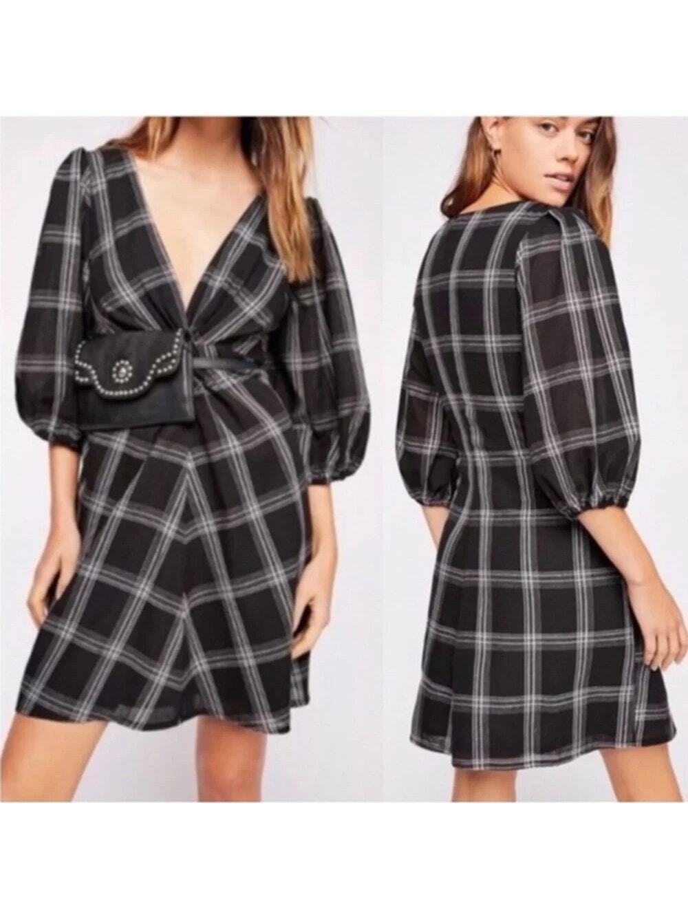 Free People Miss Molly Black White Plaid Deep V Neck Puff Sleeve Dress Sz 4